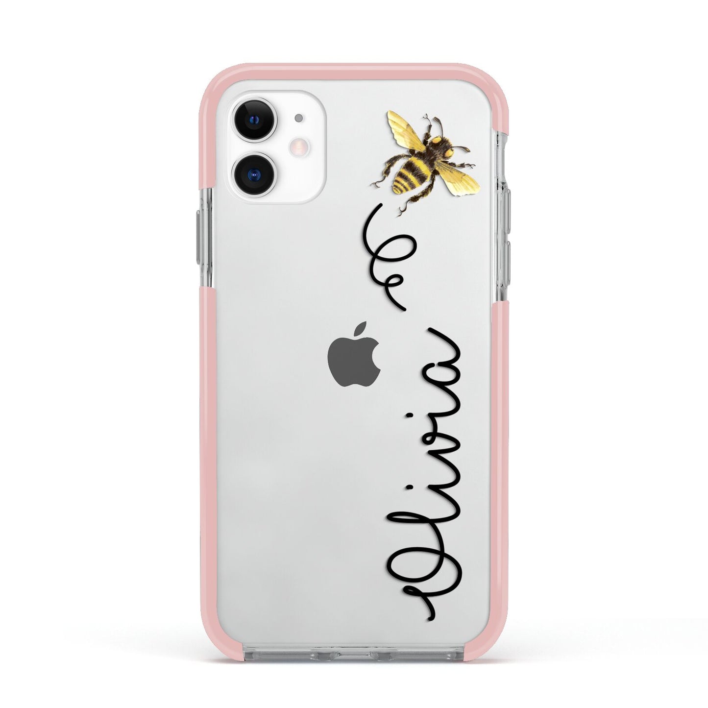 Bee in Flight Personalised Name Apple iPhone 11 in White with Pink Impact Case