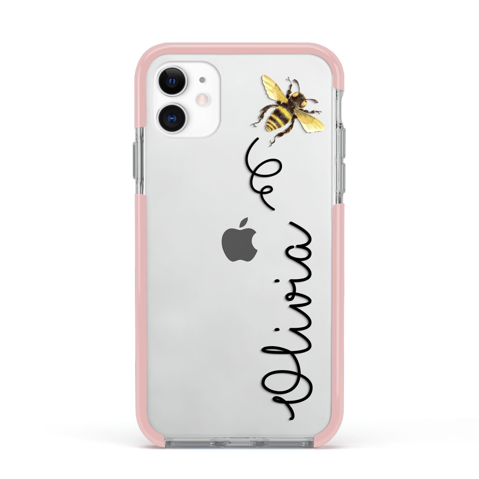 Bee in Flight Personalised Name Apple iPhone 11 in White with Pink Impact Case