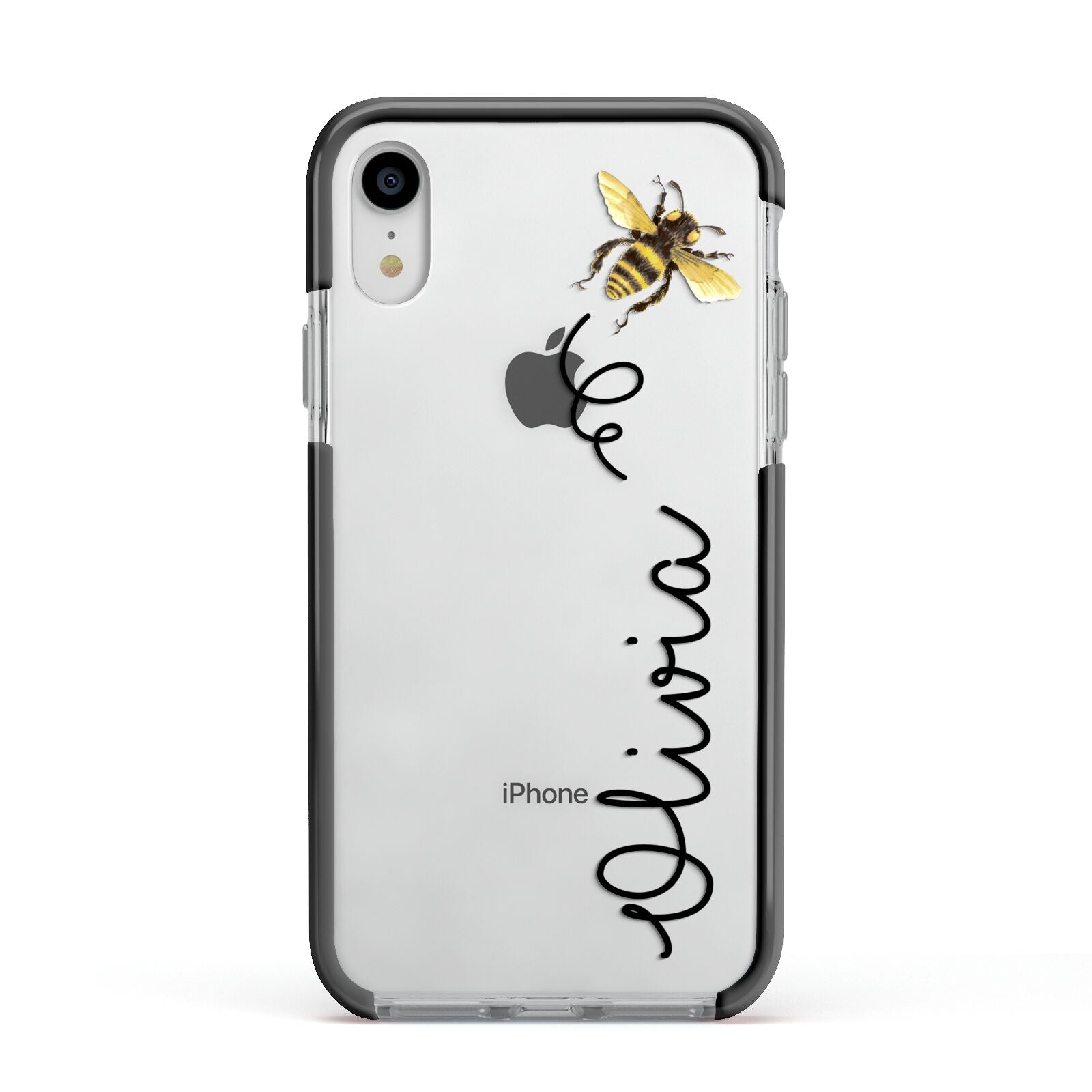 Bee in Flight Personalised Name Apple iPhone XR Impact Case Black Edge on Silver Phone