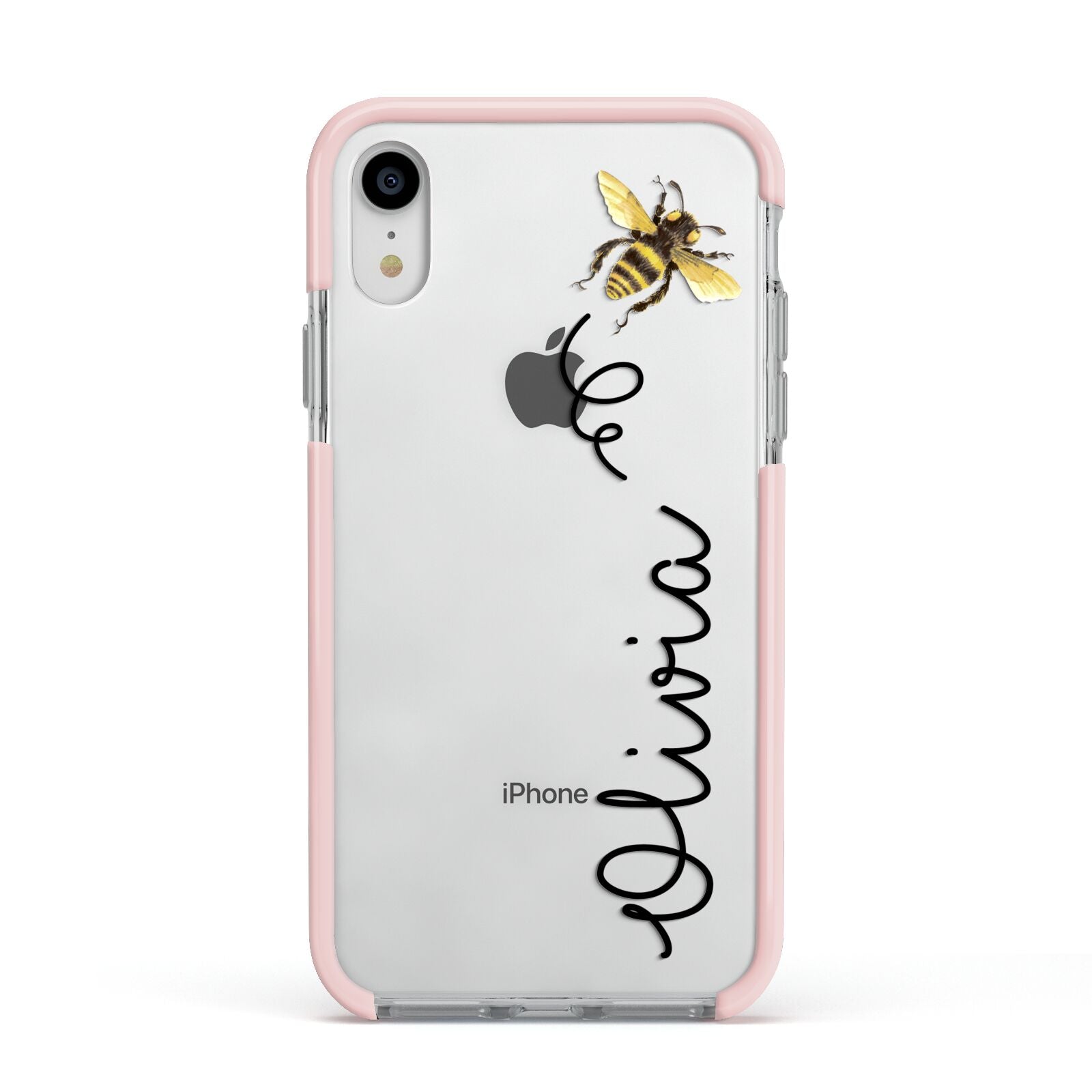Bee in Flight Personalised Name Apple iPhone XR Impact Case Pink Edge on Silver Phone