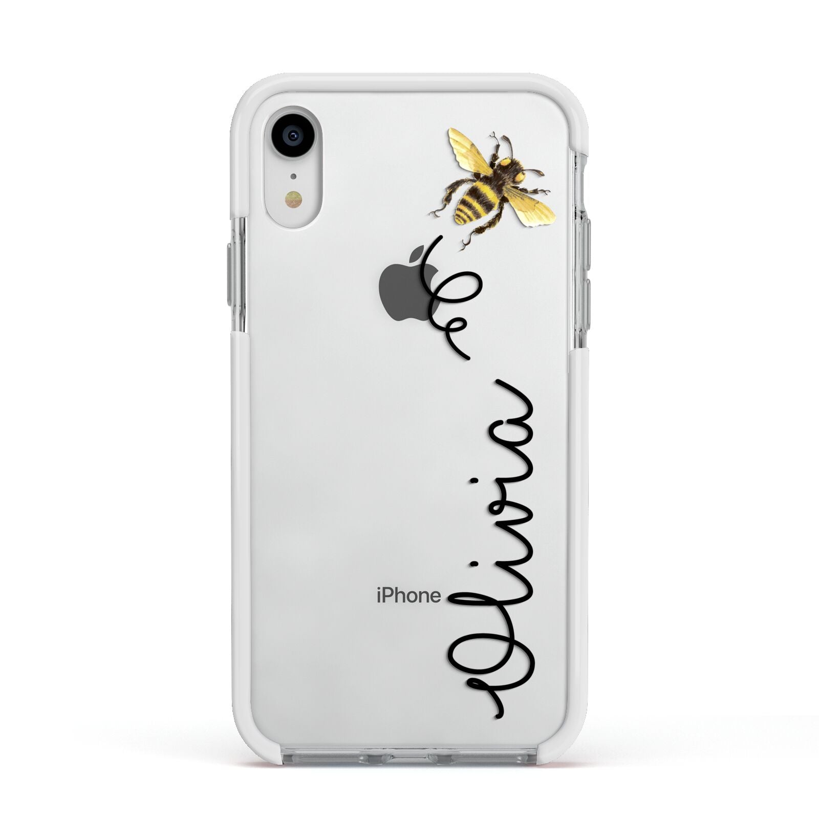 Bee in Flight Personalised Name Apple iPhone XR Impact Case White Edge on Silver Phone
