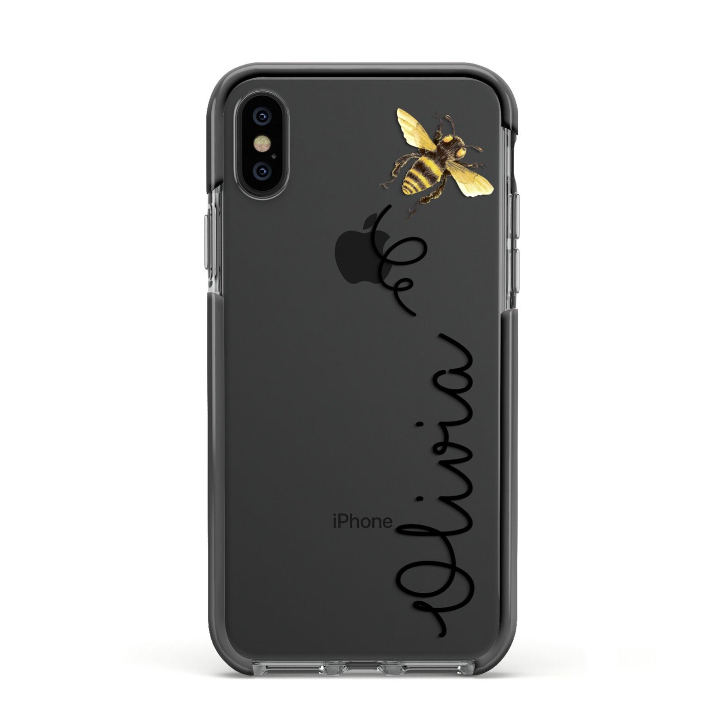 Bee in Flight Personalised Name Apple iPhone Xs Impact Case Black Edge on Black Phone