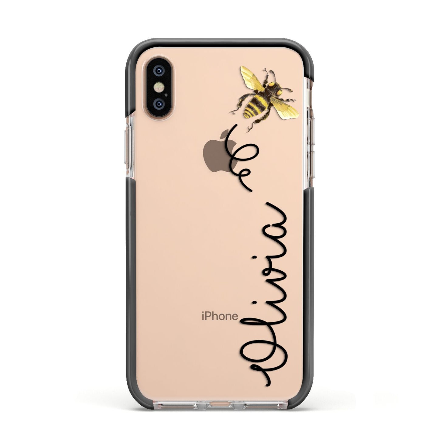 Bee in Flight Personalised Name Apple iPhone Xs Impact Case Black Edge on Gold Phone