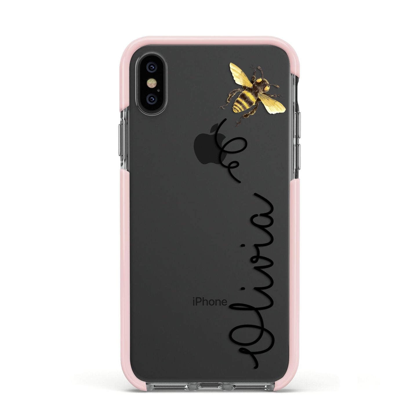 Bee in Flight Personalised Name Apple iPhone Xs Impact Case Pink Edge on Black Phone