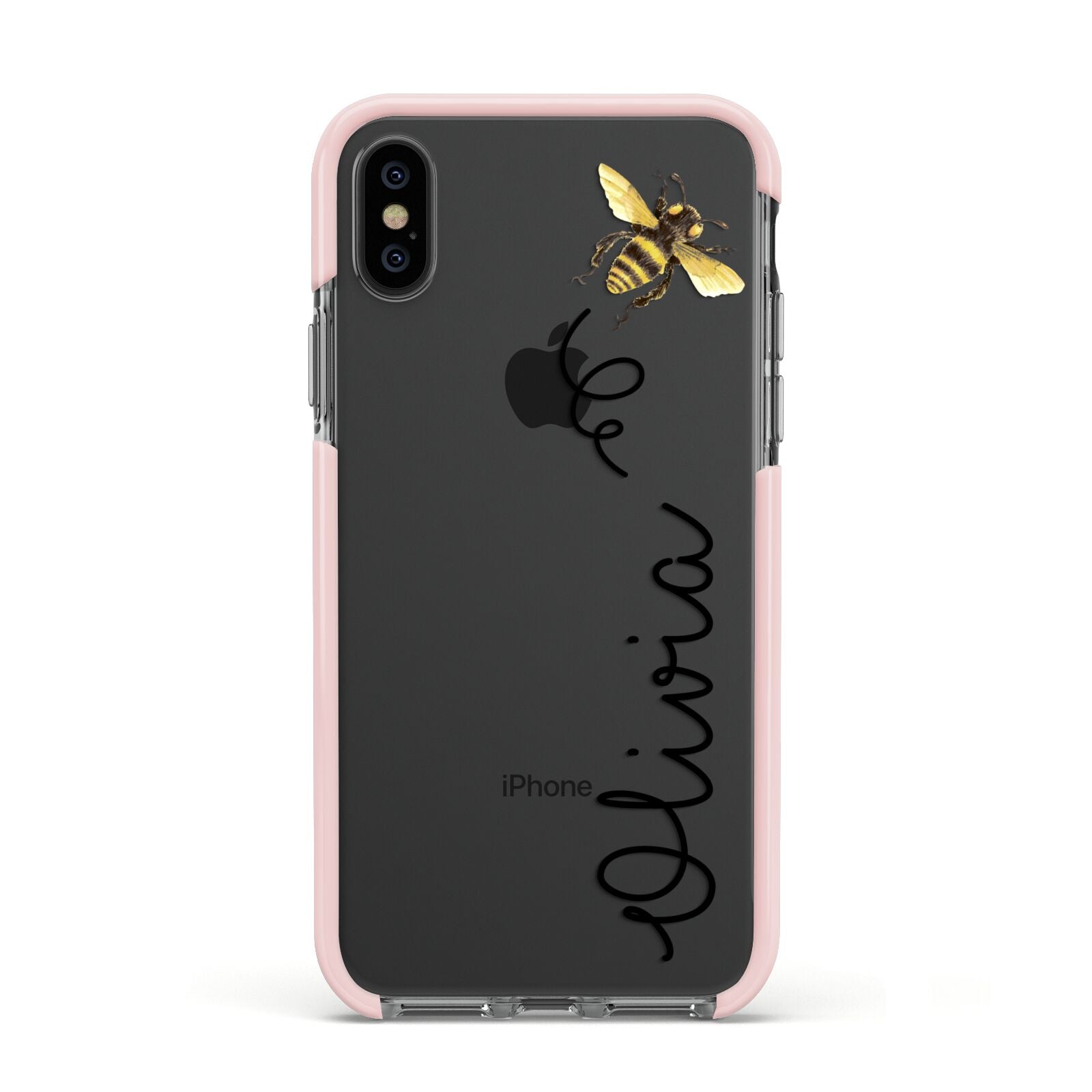 Bee in Flight Personalised Name Apple iPhone Xs Impact Case Pink Edge on Black Phone