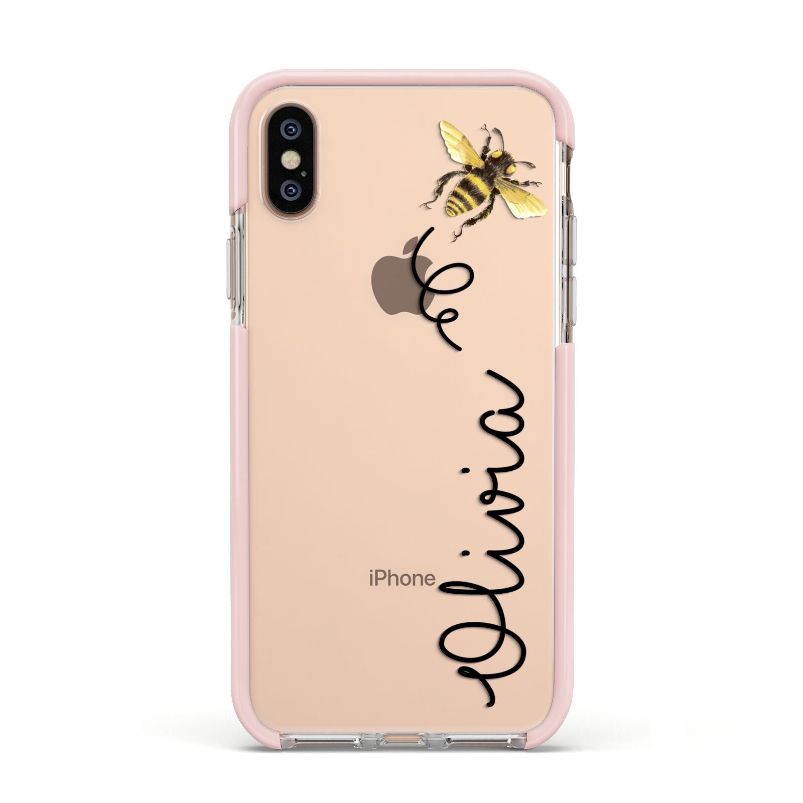 Bee in Flight Personalised Name Apple iPhone Xs Impact Case Pink Edge on Gold Phone