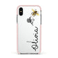 Bee in Flight Personalised Name Apple iPhone Xs Impact Case Pink Edge on Silver Phone