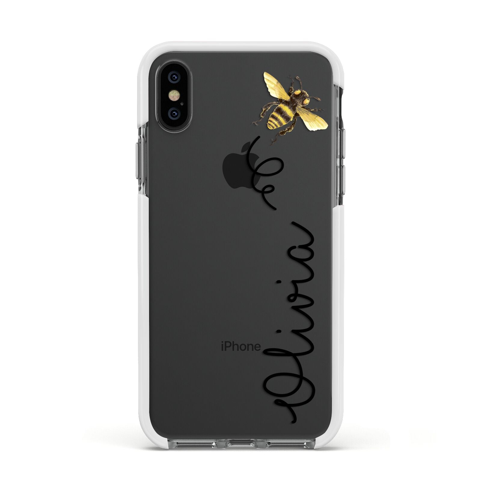 Bee in Flight Personalised Name Apple iPhone Xs Impact Case White Edge on Black Phone
