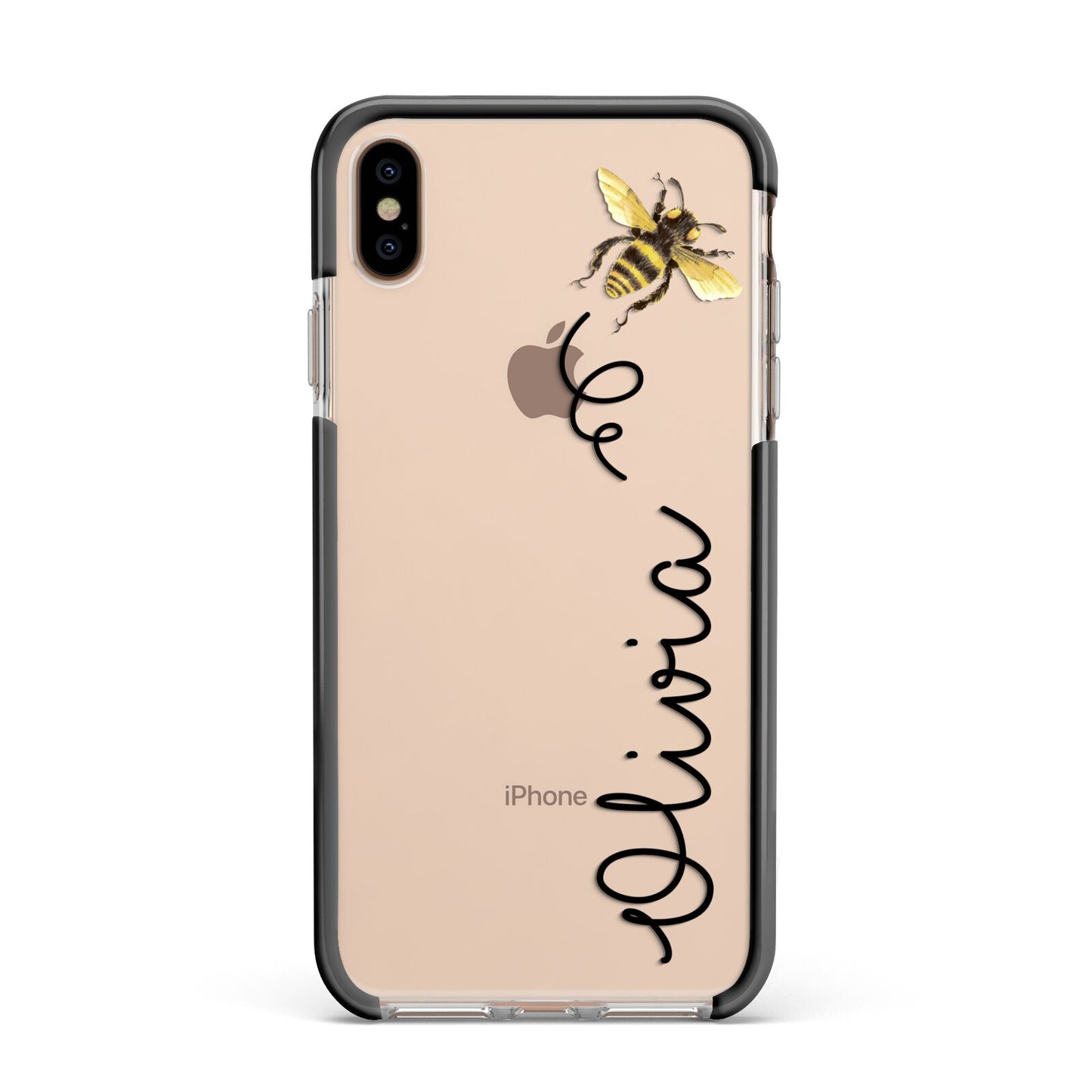 Bee in Flight Personalised Name Apple iPhone Xs Max Impact Case Black Edge on Gold Phone