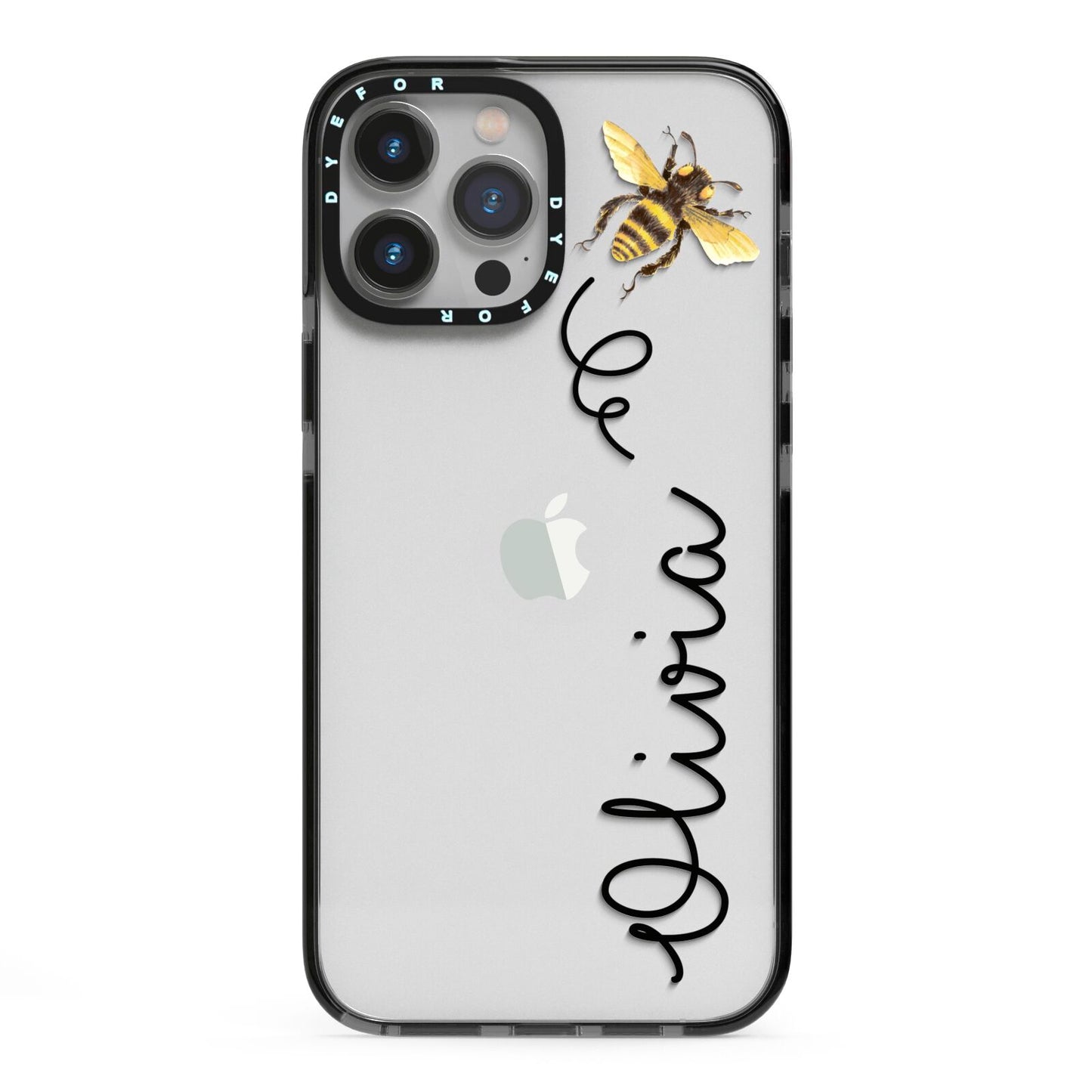 Bee in Flight Personalised Name iPhone 13 Pro Max Black Impact Case on Silver phone