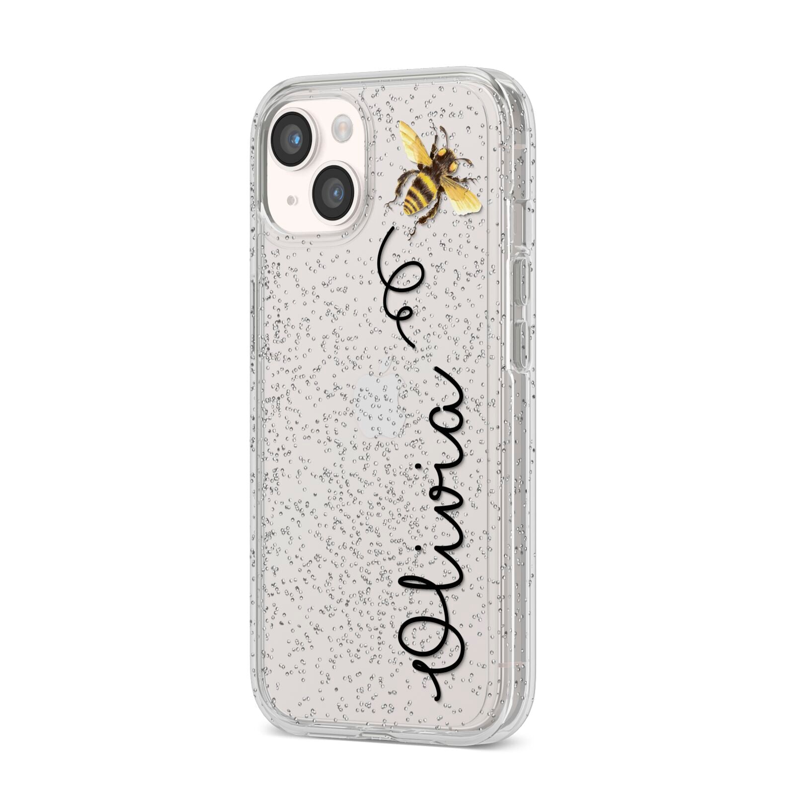Bee in Flight Personalised Name iPhone 14 Glitter Tough Case Starlight Angled Image