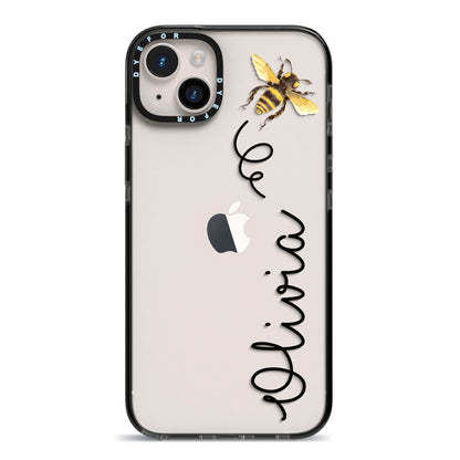 Bee in Flight Personalised Name iPhone 14 Plus Black Impact Case on Silver phone