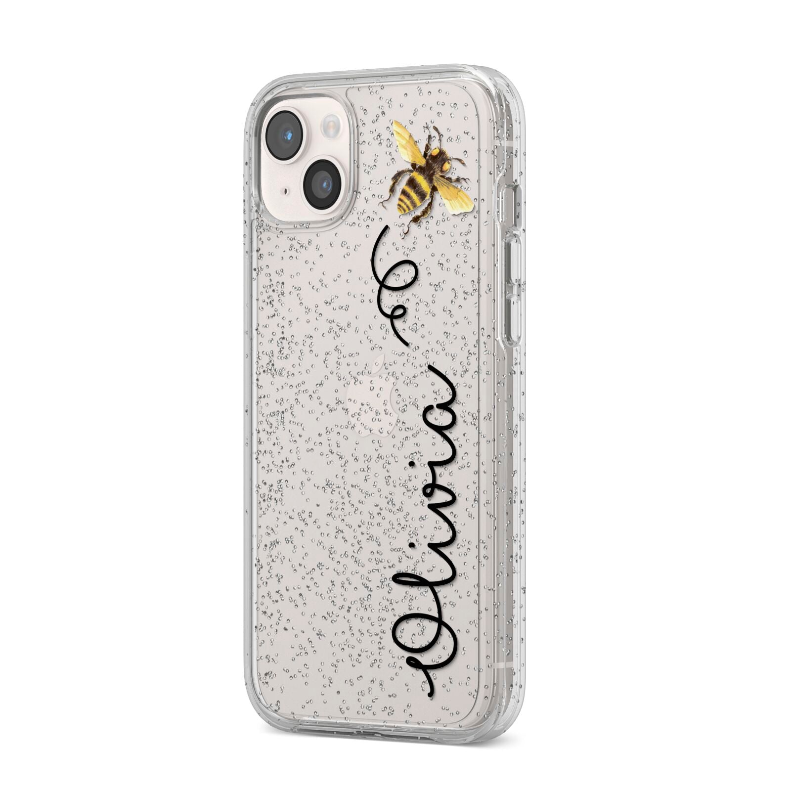 Bee in Flight Personalised Name iPhone 14 Plus Glitter Tough Case Starlight Angled Image