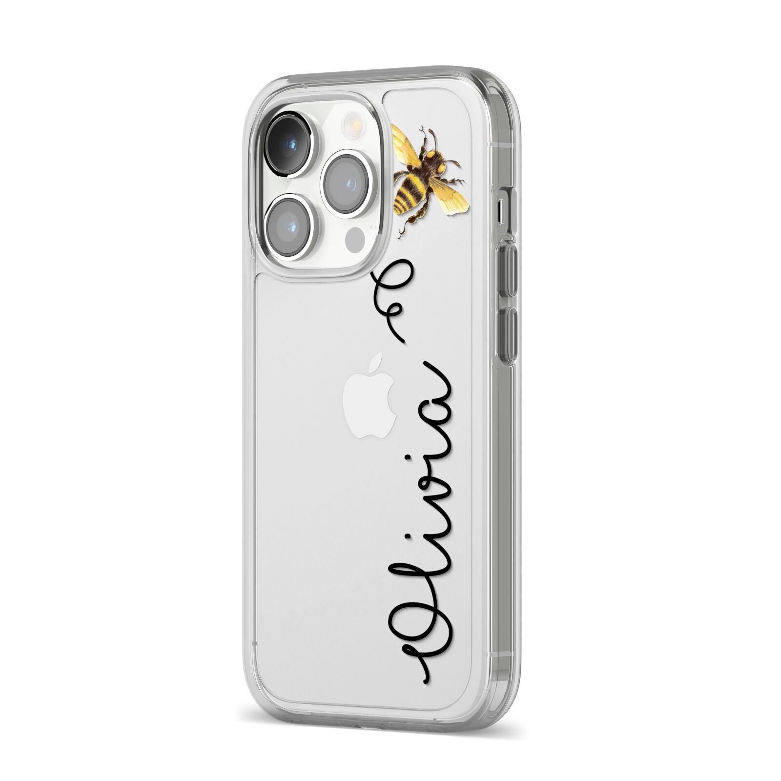 Bee in Flight Personalised Name iPhone 14 Pro Clear Tough Case Silver Angled Image