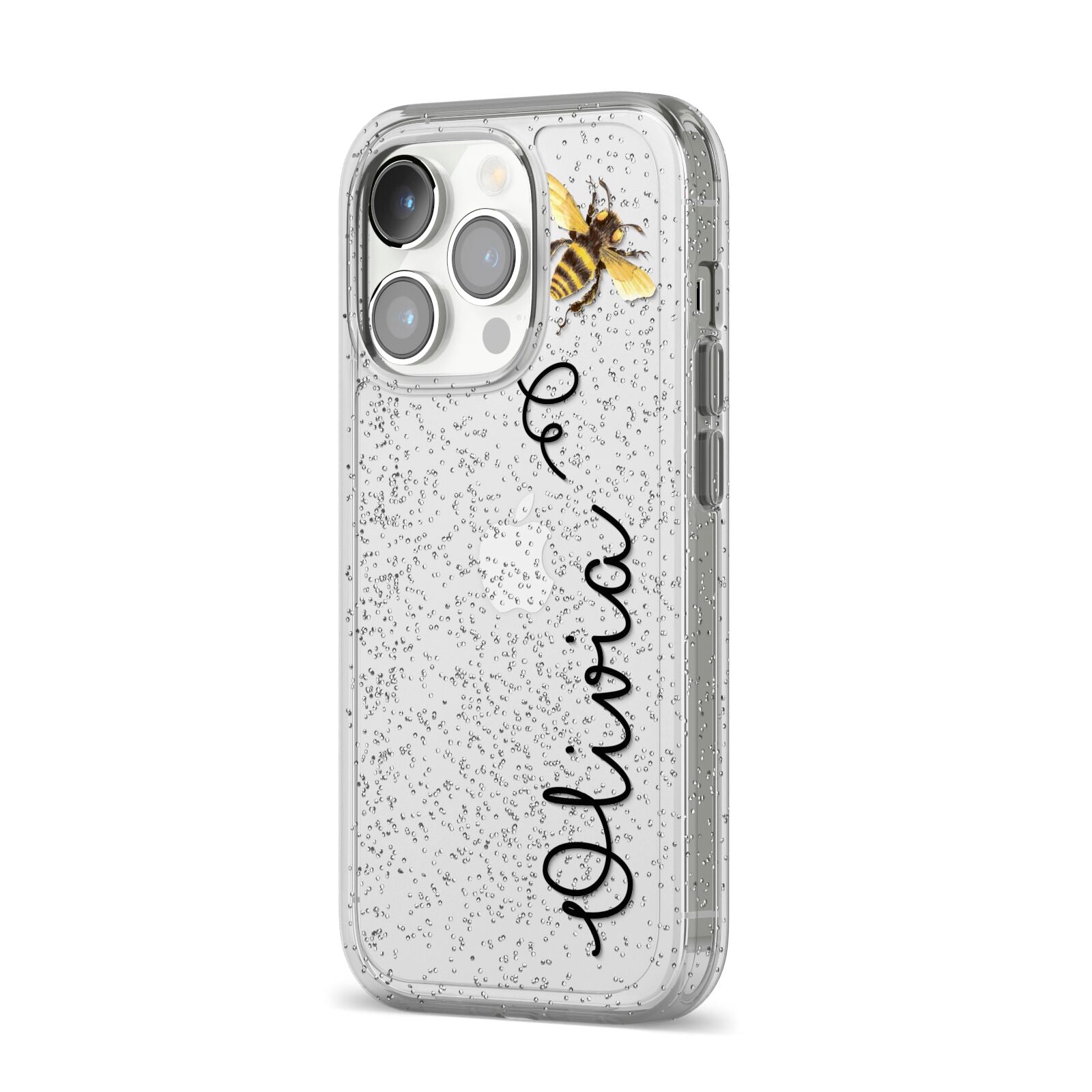 Bee in Flight Personalised Name iPhone 14 Pro Glitter Tough Case Silver Angled Image
