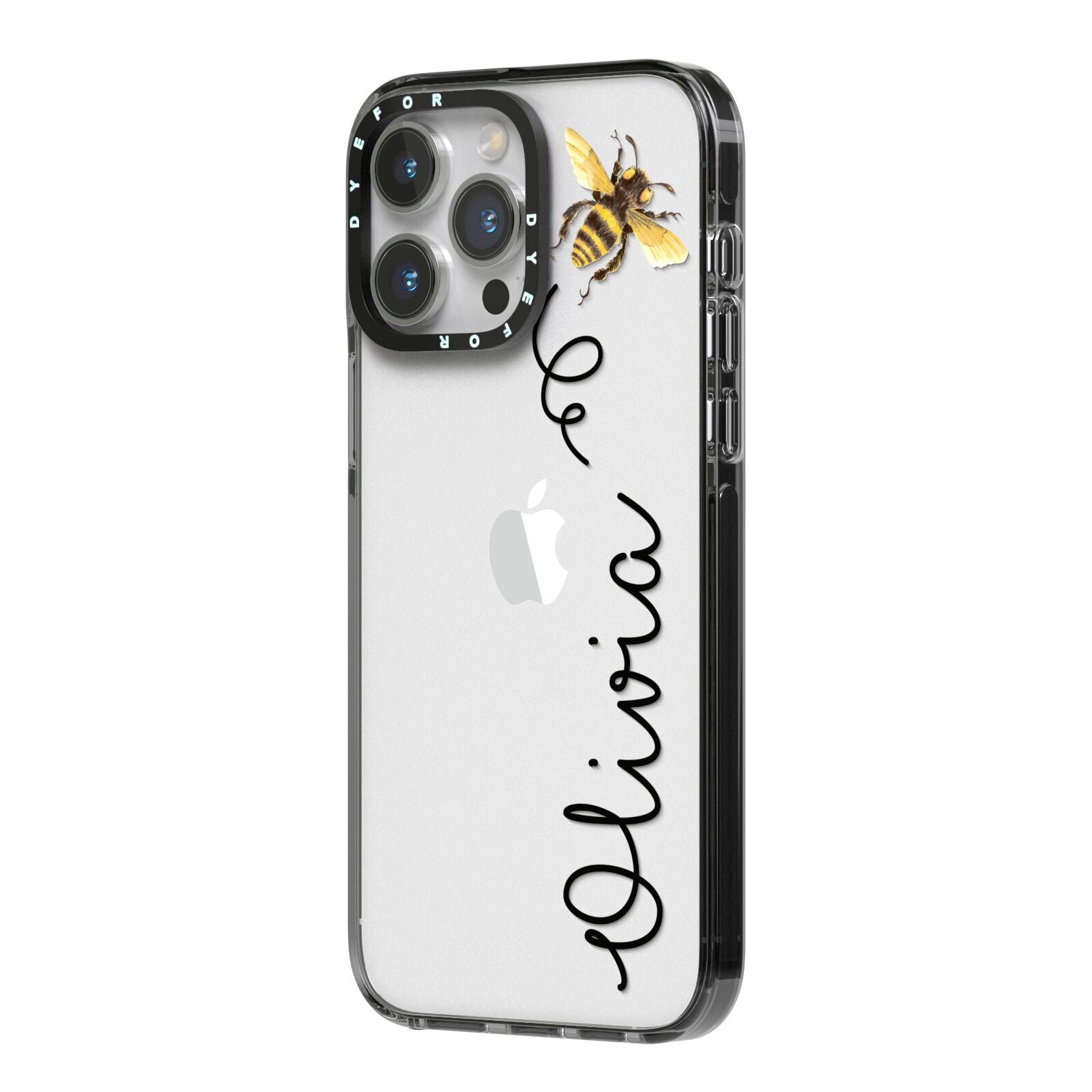 Bee in Flight Personalised Name iPhone 14 Pro Max Black Impact Case Side Angle on Silver phone