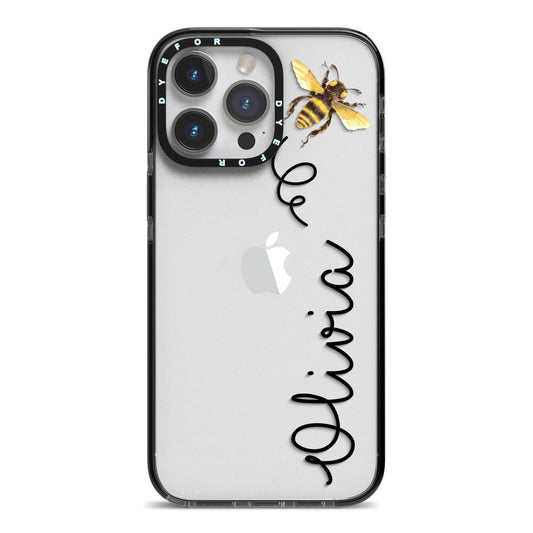 Bee in Flight Personalised Name iPhone 14 Pro Max Black Impact Case on Silver phone