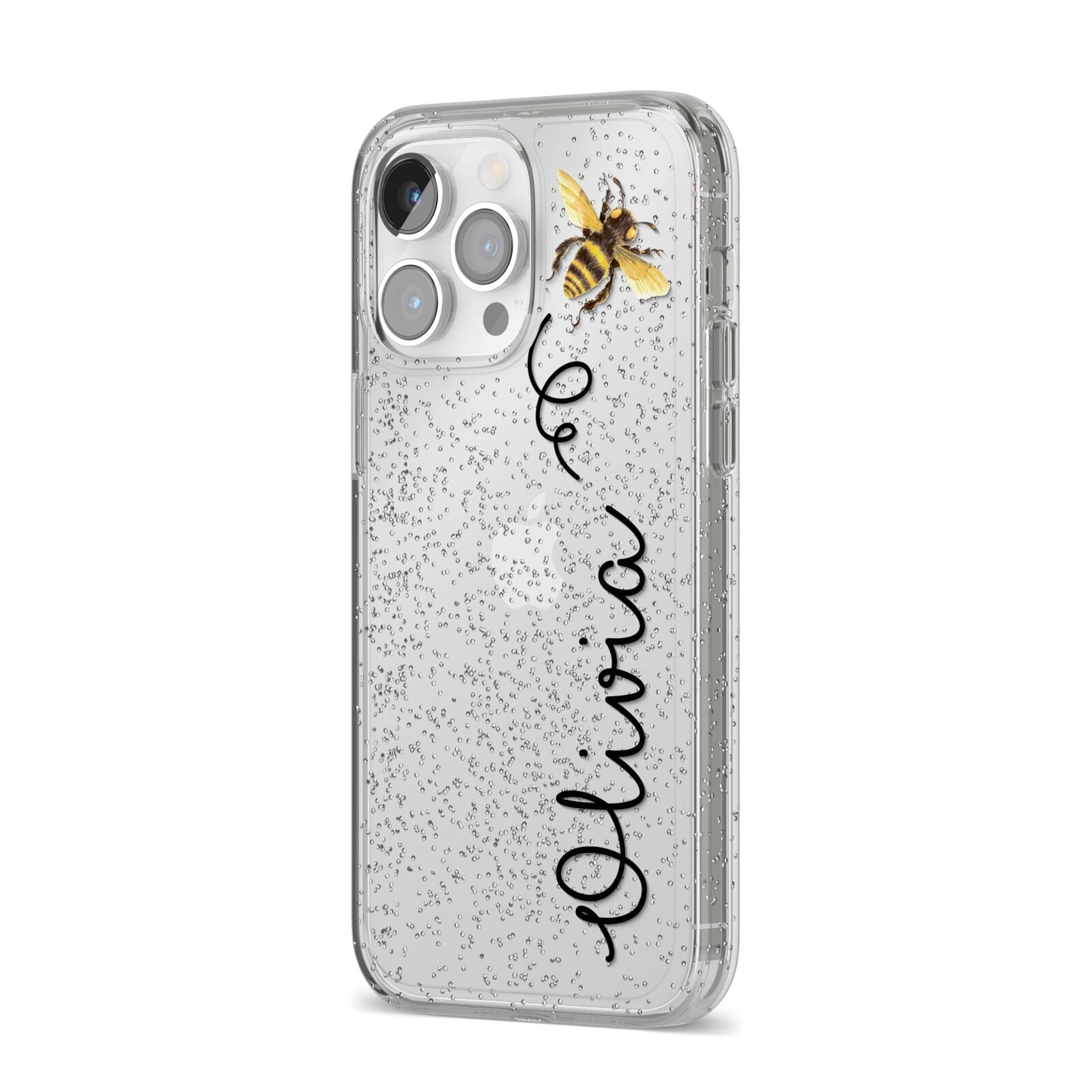 Bee in Flight Personalised Name iPhone 14 Pro Max Glitter Tough Case Silver Angled Image