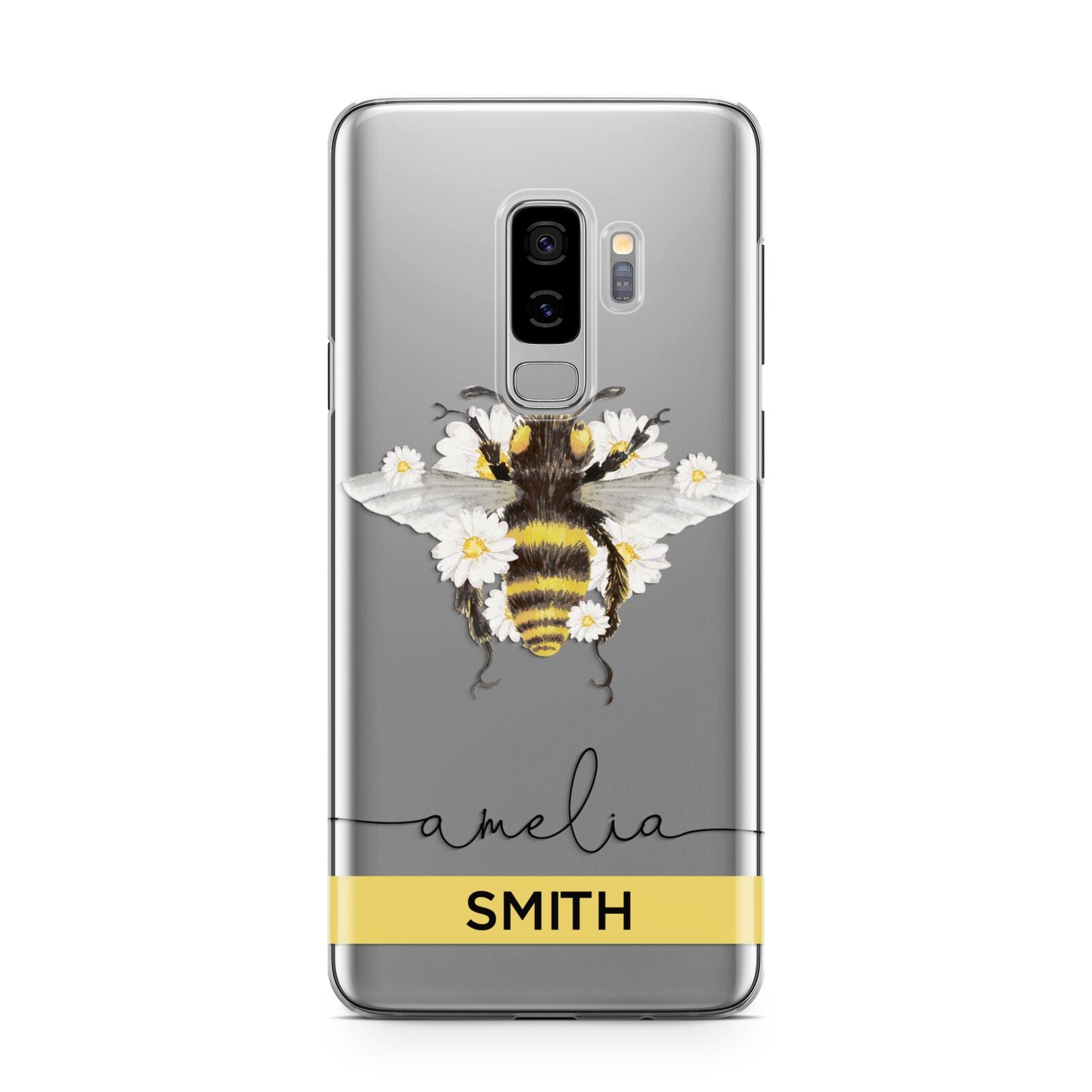 Bees Daisies Personalised Names Samsung Galaxy S9 Plus Case on Silver phone