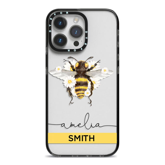 Bees Daisies Personalised Names iPhone 14 Pro Max Black Impact Case on Silver phone