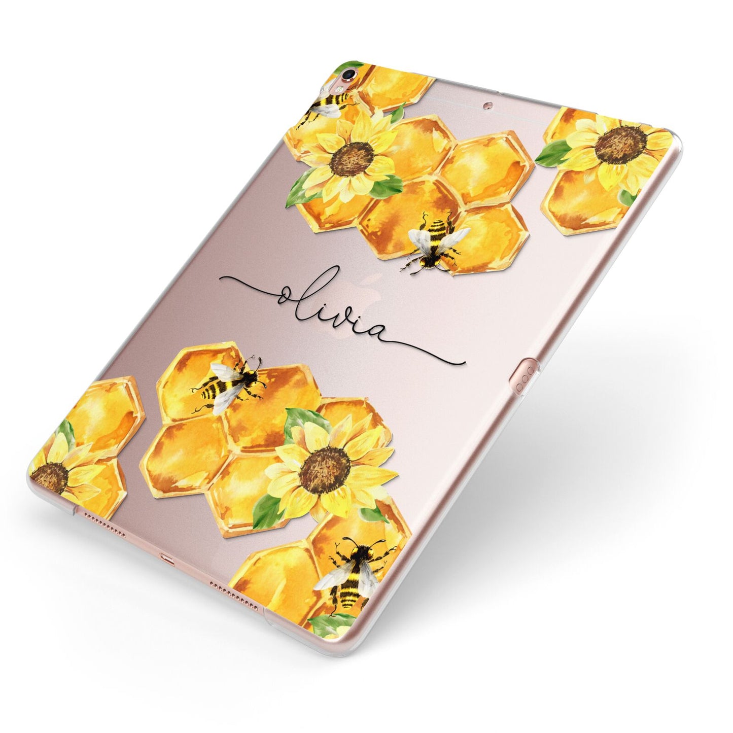 Bees Honeycomb Personalised Name Apple iPad Case on Rose Gold iPad Side View