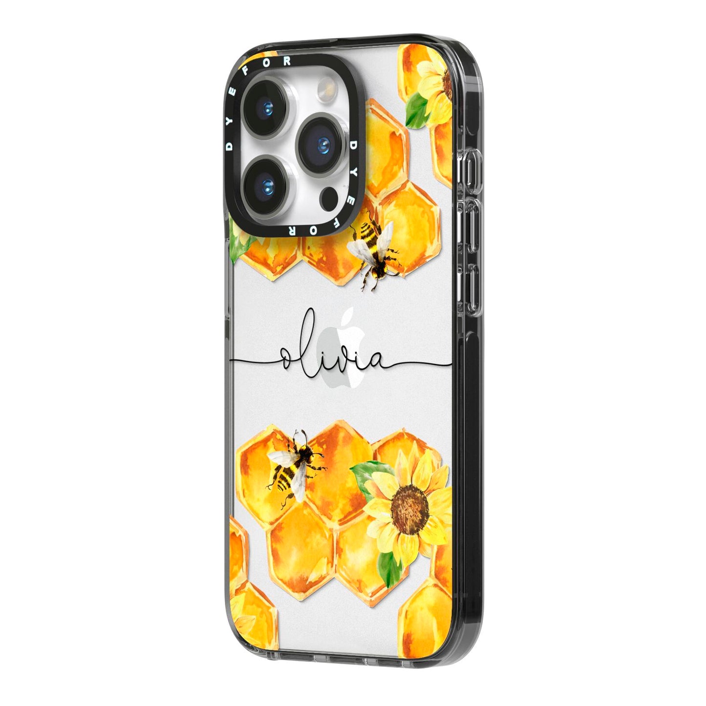 Bees Honeycomb Personalised Name iPhone 14 Pro Black Impact Case Side Angle on Silver phone