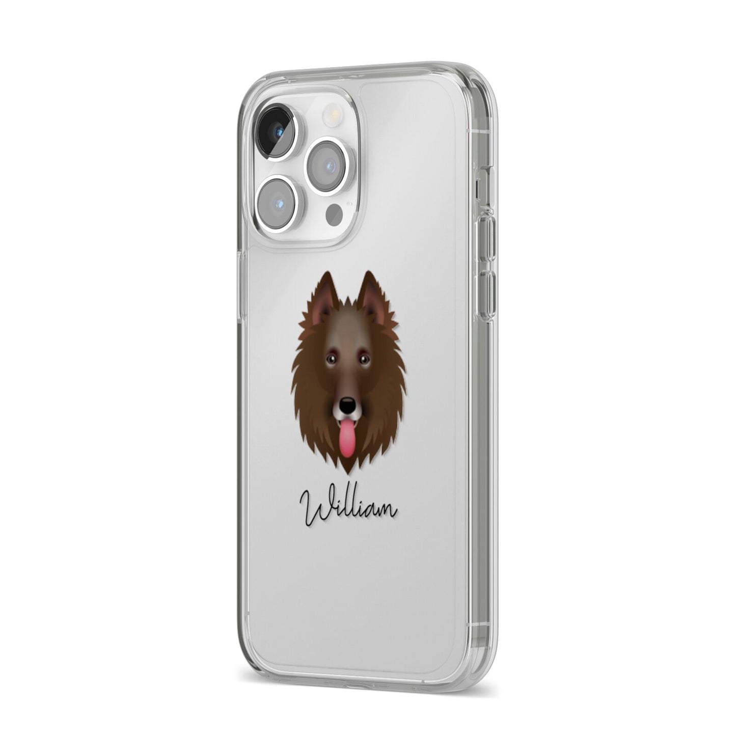 Belgian Groenendael Personalised iPhone 14 Pro Max Clear Tough Case Silver Angled Image