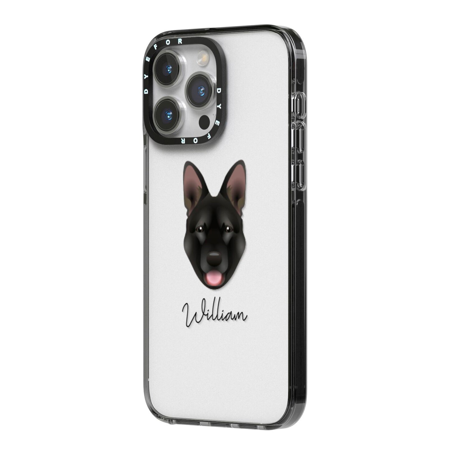 Belgian Malinois Personalised iPhone 14 Pro Max Black Impact Case Side Angle on Silver phone