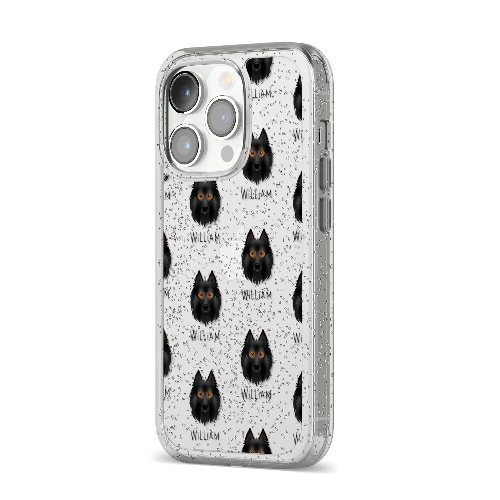 Belgian Tervuren Icon with Name iPhone 14 Pro Glitter Tough Case Silver Angled Image