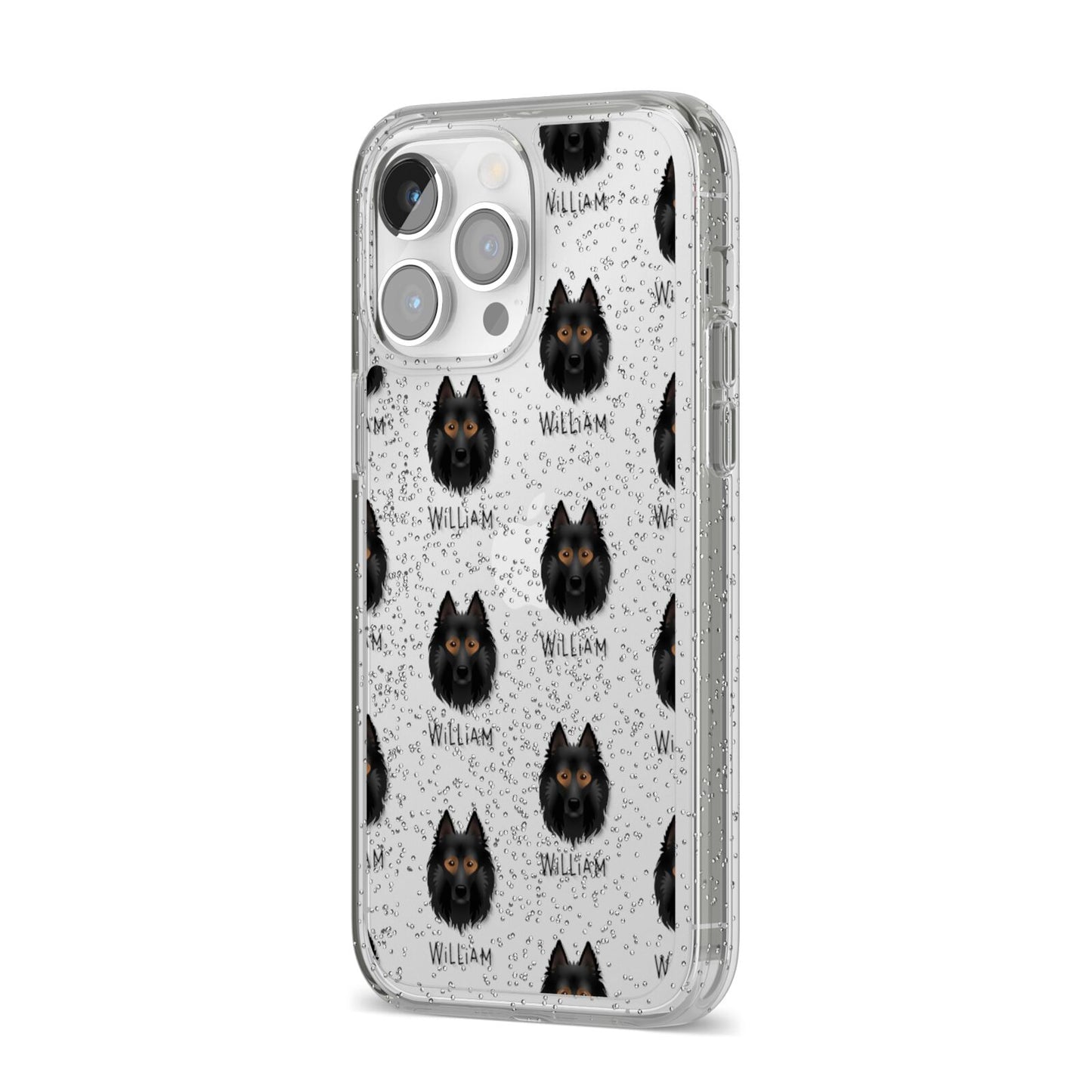 Belgian Tervuren Icon with Name iPhone 14 Pro Max Glitter Tough Case Silver Angled Image