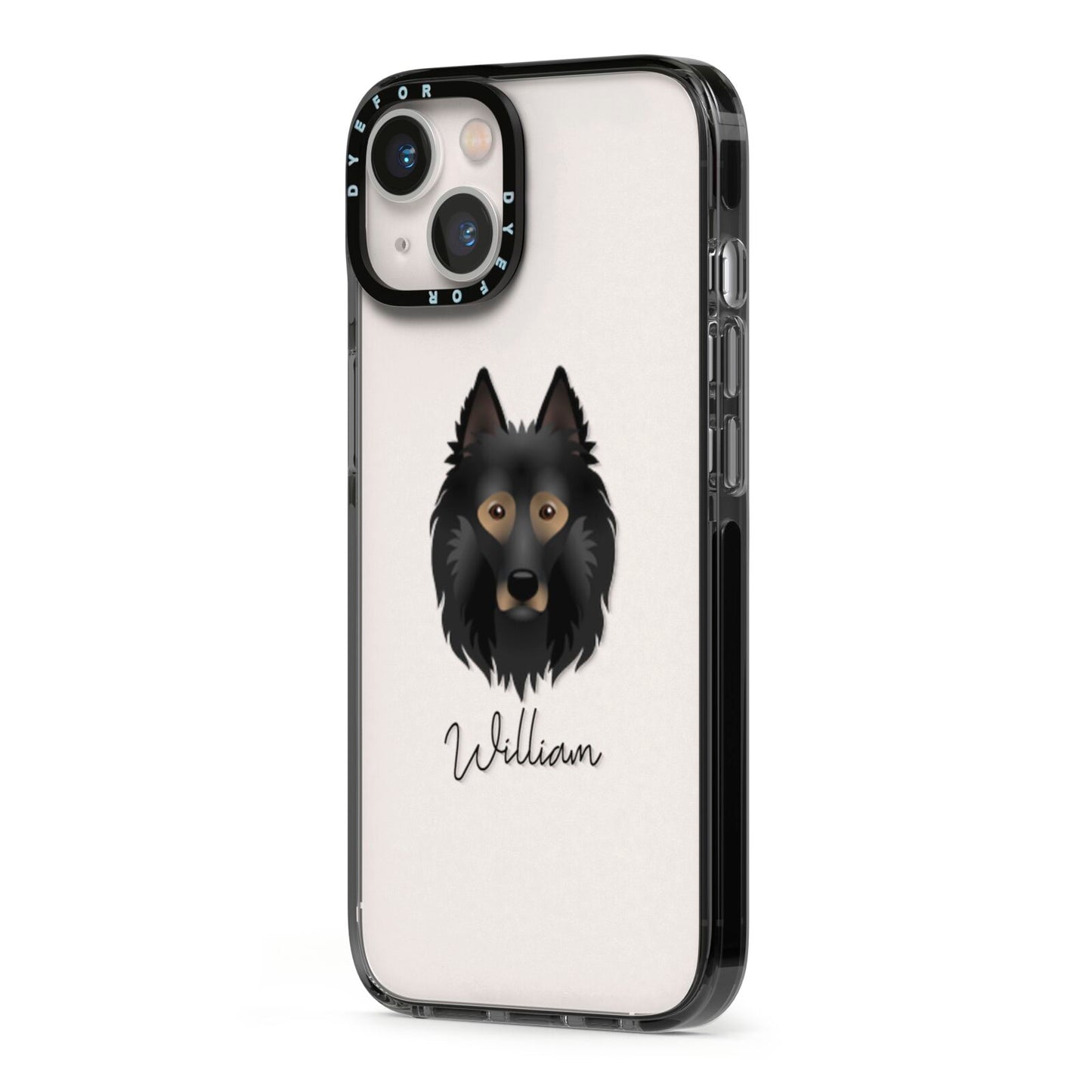 Belgian Tervuren Personalised iPhone 13 Black Impact Case Side Angle on Silver phone