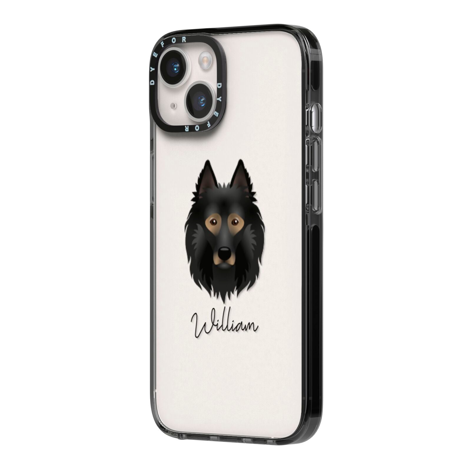 Belgian Tervuren Personalised iPhone 14 Black Impact Case Side Angle on Silver phone