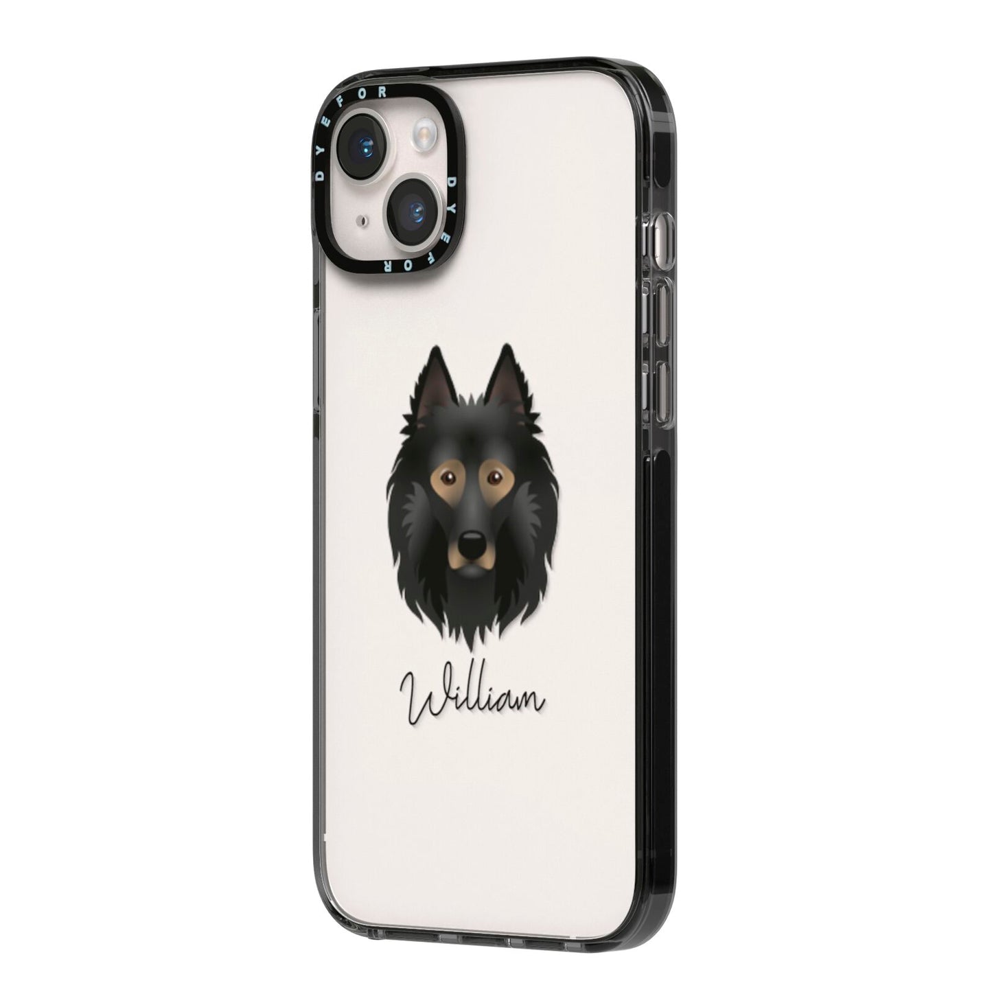 Belgian Tervuren Personalised iPhone 14 Plus Black Impact Case Side Angle on Silver phone