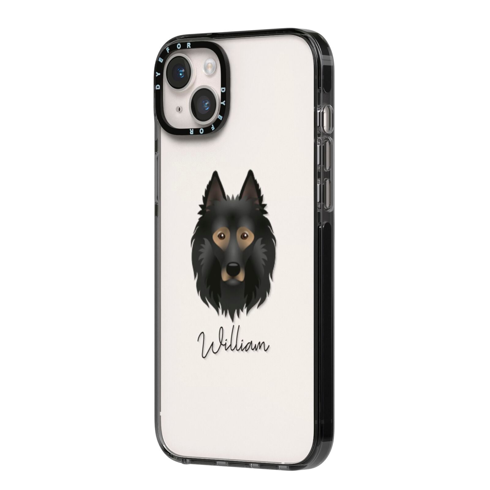 Belgian Tervuren Personalised iPhone 14 Plus Black Impact Case Side Angle on Silver phone