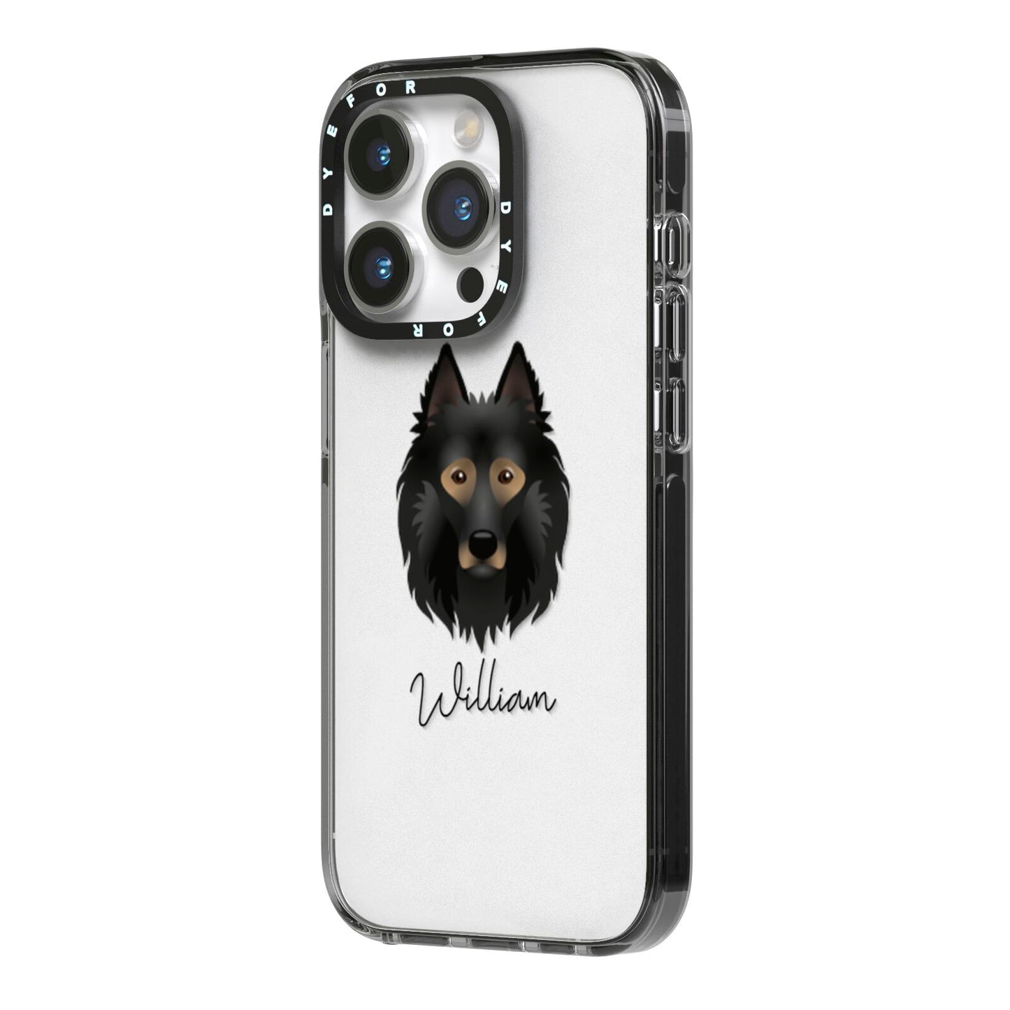 Belgian Tervuren Personalised iPhone 14 Pro Black Impact Case Side Angle on Silver phone