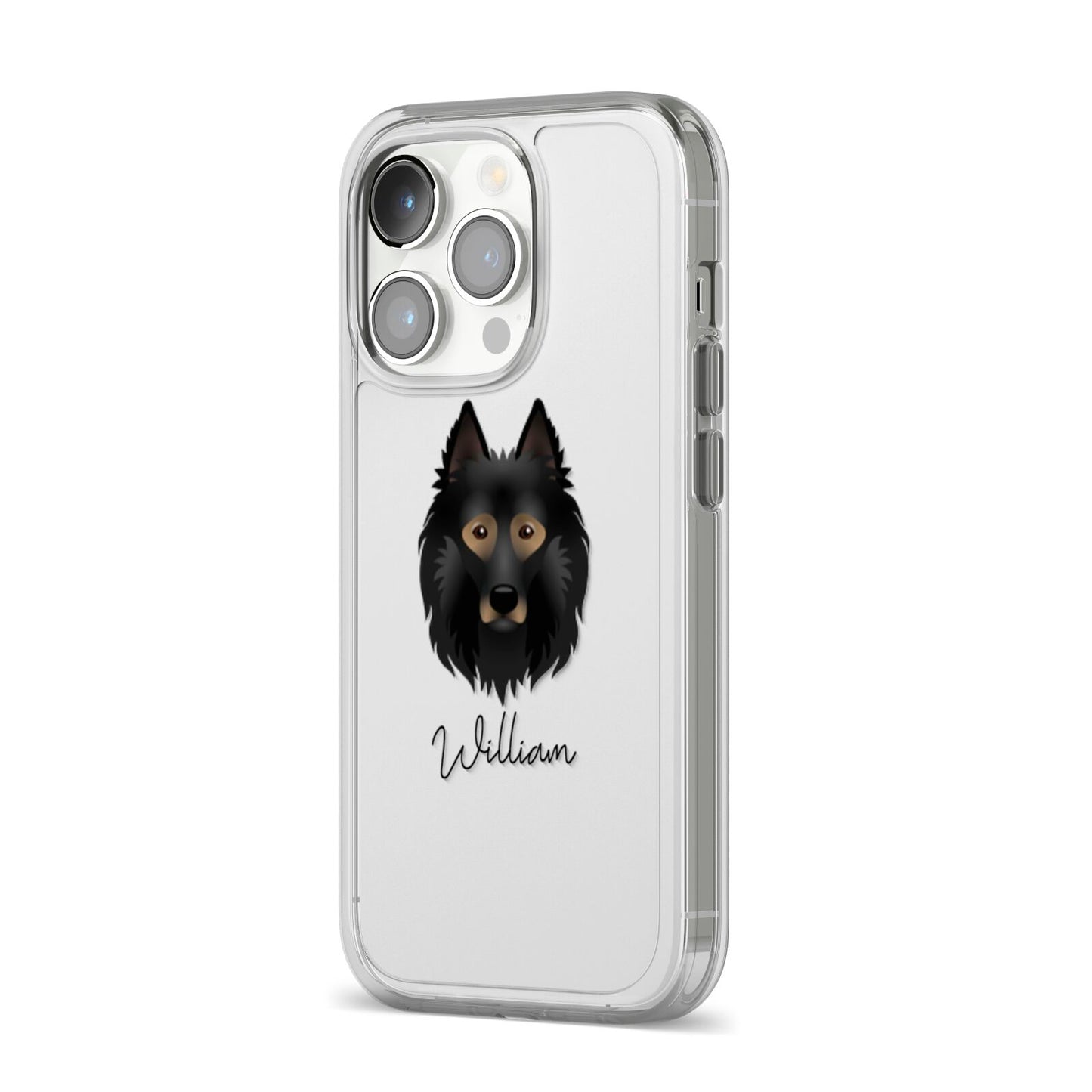 Belgian Tervuren Personalised iPhone 14 Pro Clear Tough Case Silver Angled Image