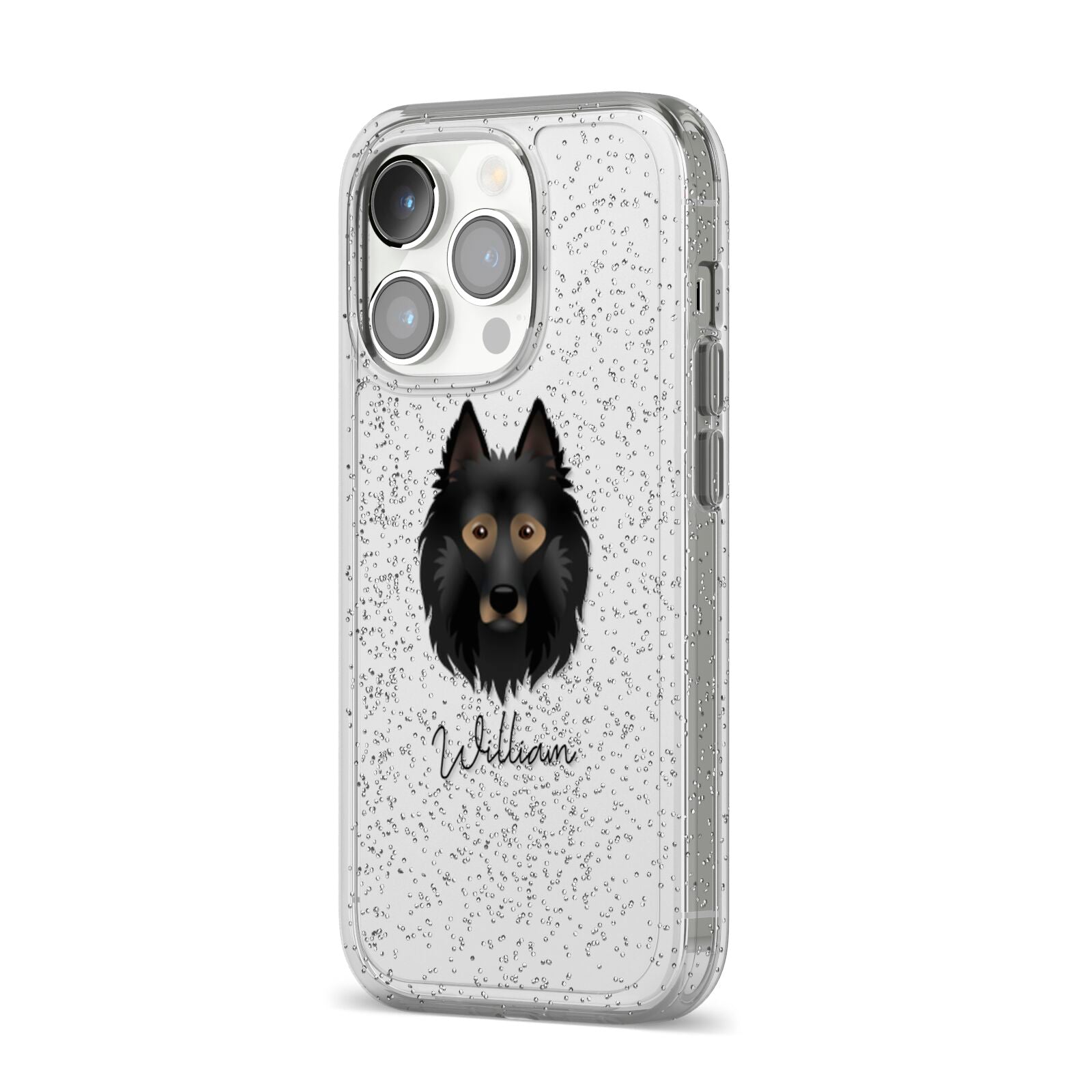 Belgian Tervuren Personalised iPhone 14 Pro Glitter Tough Case Silver Angled Image