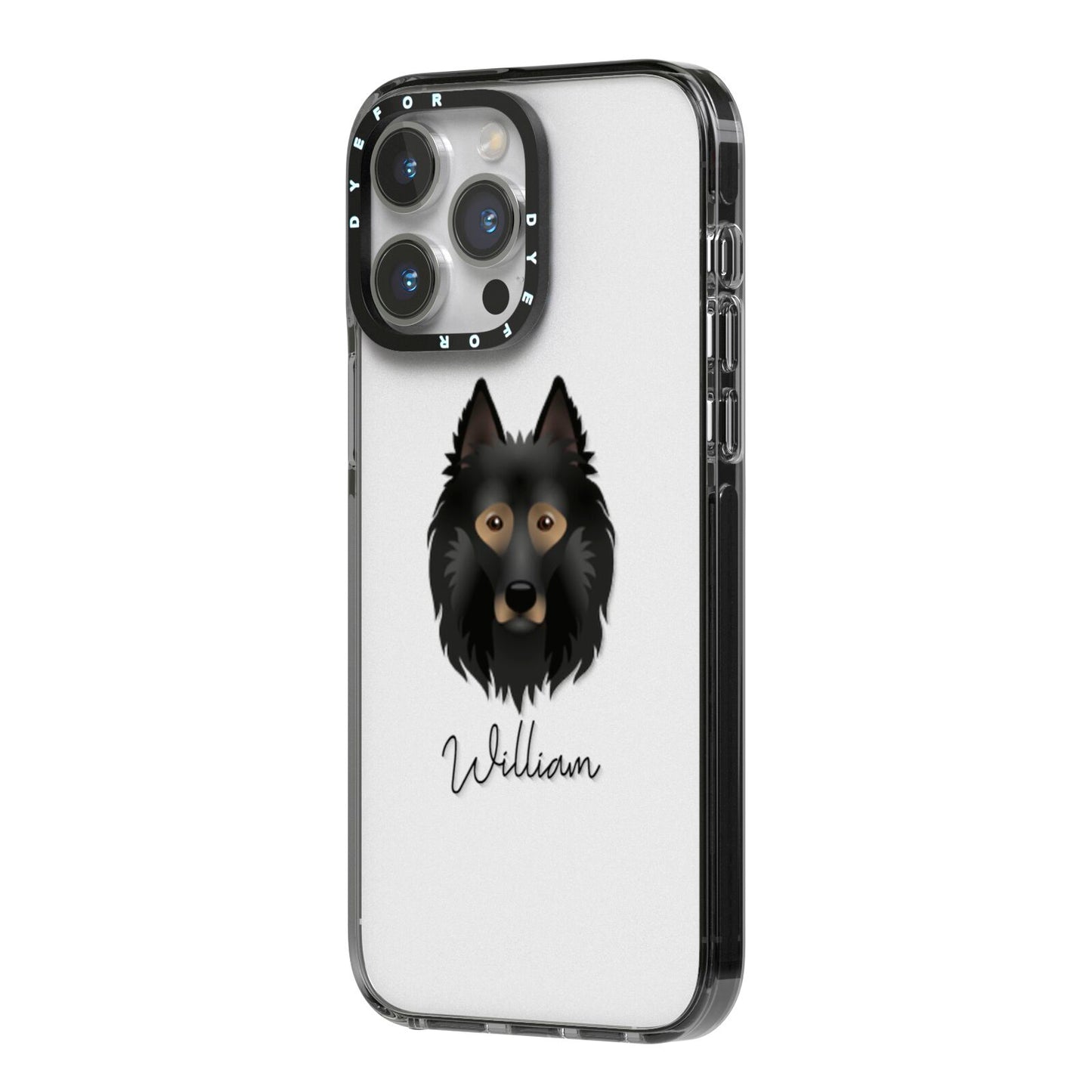 Belgian Tervuren Personalised iPhone 14 Pro Max Black Impact Case Side Angle on Silver phone