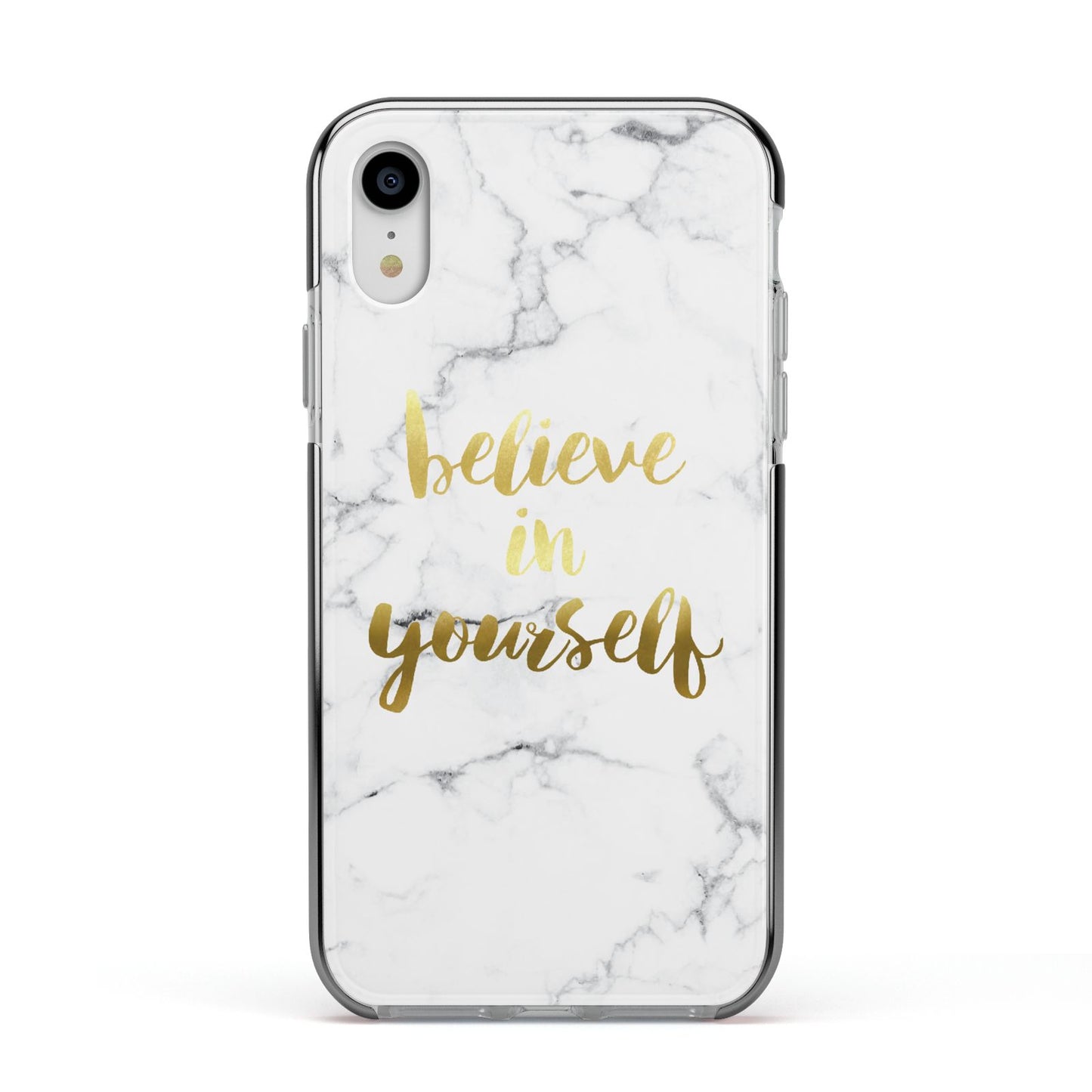 Believe In Yourself Gold Marble Apple iPhone XR Impact Case Black Edge on Silver Phone