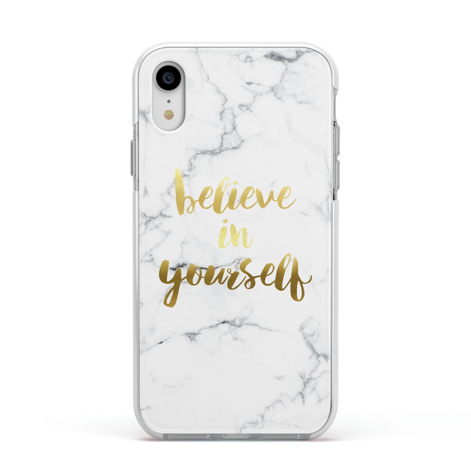 Believe In Yourself Gold Marble Apple iPhone XR Impact Case White Edge on Silver Phone