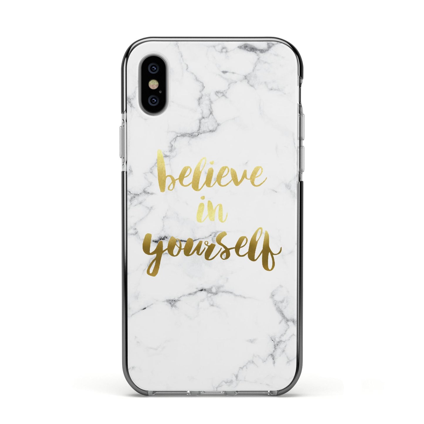 Believe In Yourself Gold Marble Apple iPhone Xs Impact Case Black Edge on Silver Phone