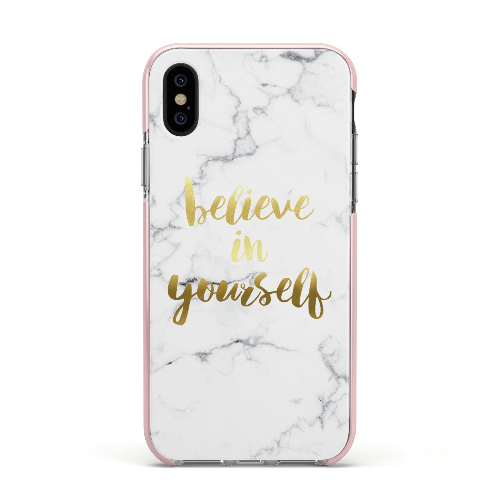 Believe In Yourself Gold Marble Apple iPhone Xs Impact Case Pink Edge on Black Phone