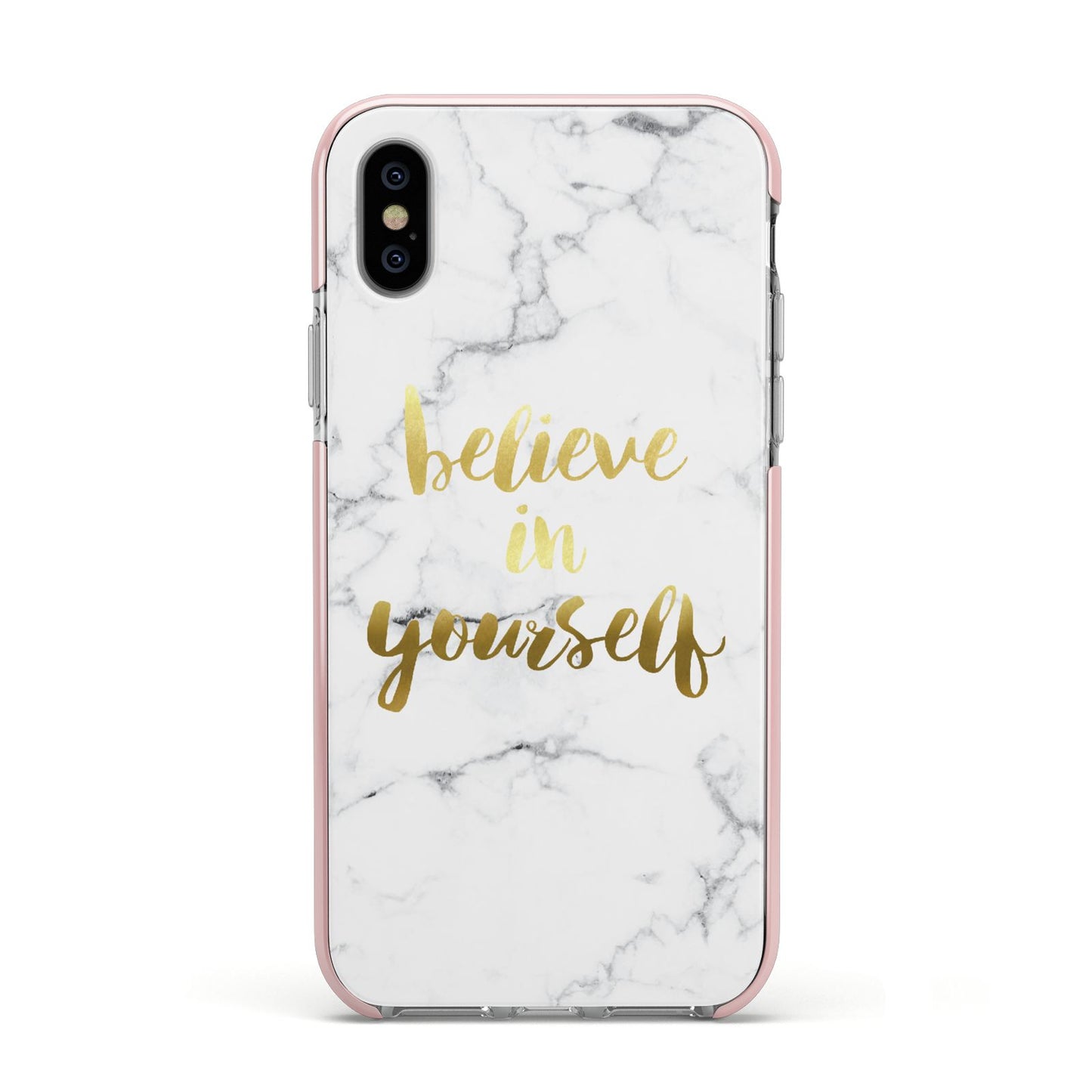 Believe In Yourself Gold Marble Apple iPhone Xs Impact Case Pink Edge on Silver Phone
