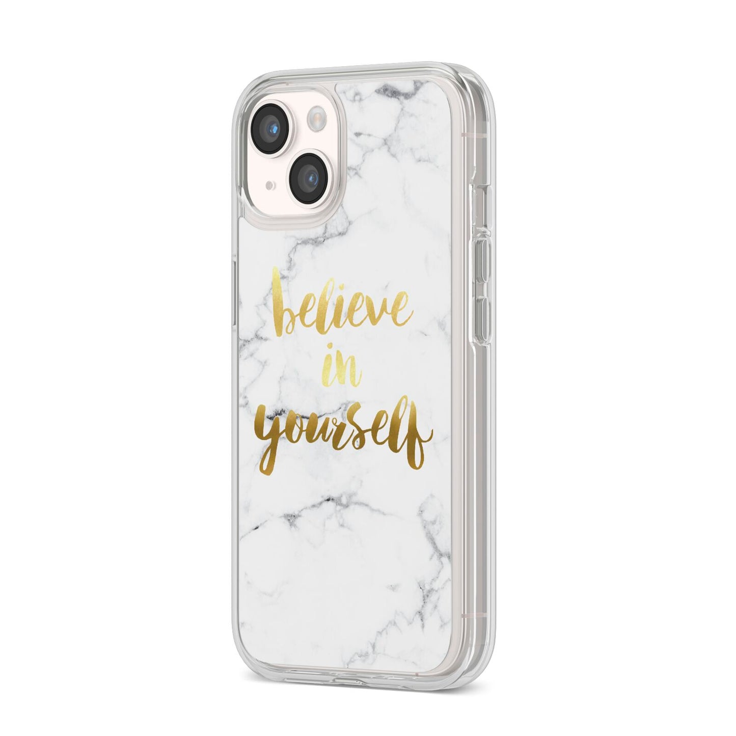 Believe In Yourself Gold Marble iPhone 14 Clear Tough Case Starlight Angled Image