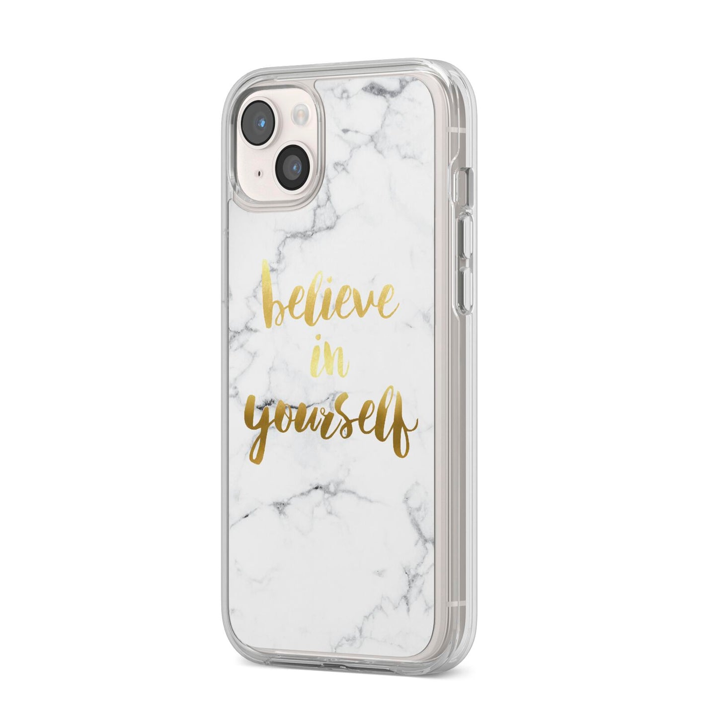 Believe In Yourself Gold Marble iPhone 14 Plus Clear Tough Case Starlight Angled Image