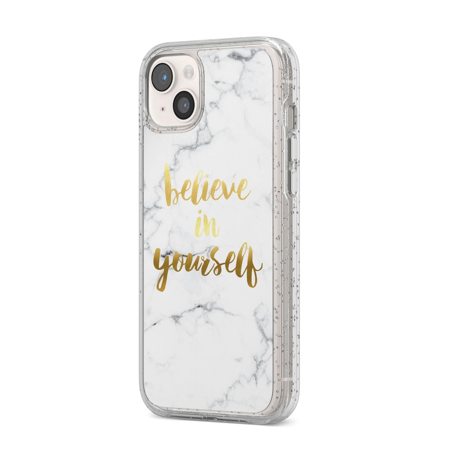 Believe In Yourself Gold Marble iPhone 14 Plus Glitter Tough Case Starlight Angled Image