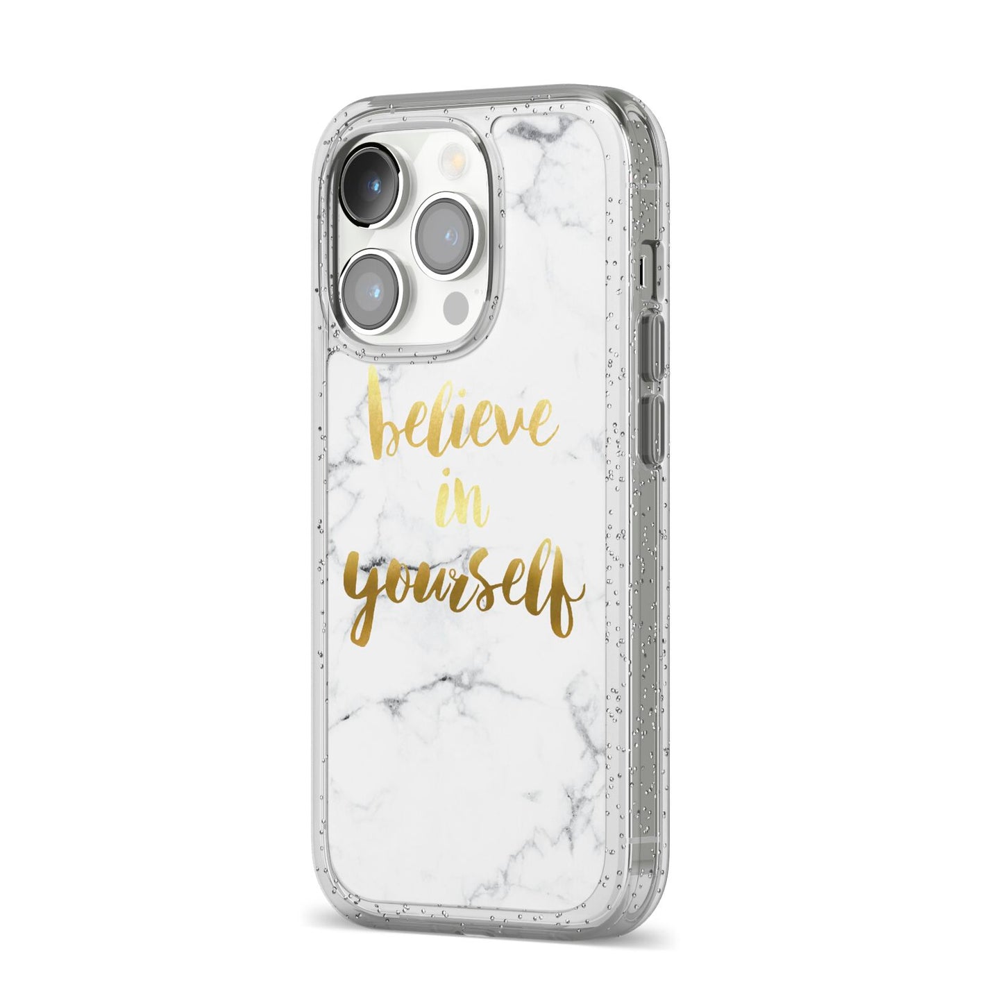 Believe In Yourself Gold Marble iPhone 14 Pro Glitter Tough Case Silver Angled Image