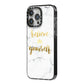 Believe In Yourself Gold Marble iPhone 14 Pro Max Black Impact Case Side Angle on Silver phone