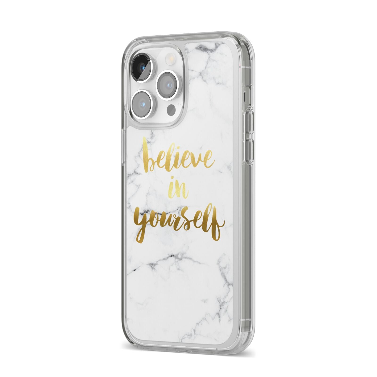 Believe In Yourself Gold Marble iPhone 14 Pro Max Clear Tough Case Silver Angled Image