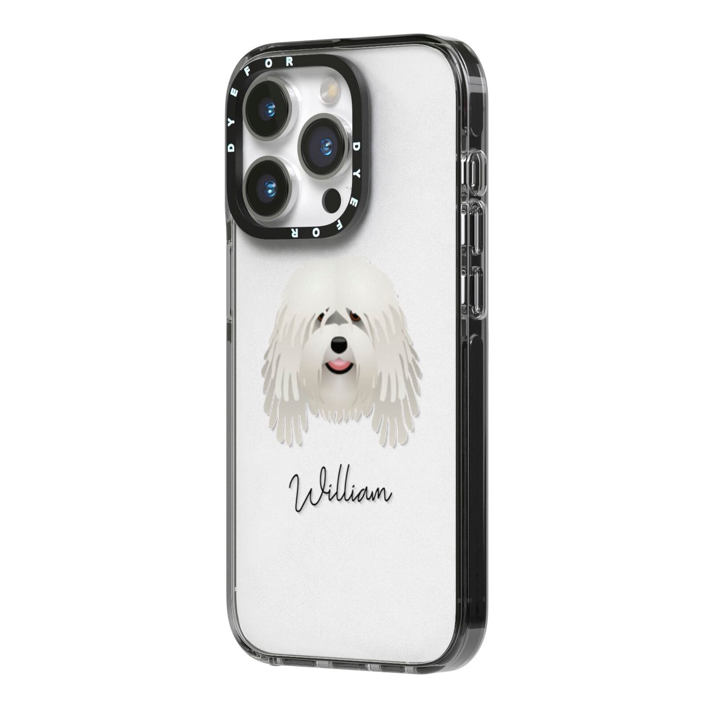 Bergamasco Personalised iPhone 14 Pro Black Impact Case Side Angle on Silver phone